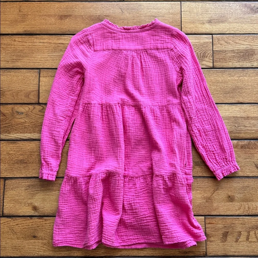 Boden Girls Pink Tiered Gauzy Cotton Dress 11-12y Pockets Long Sleeve Bow Detail